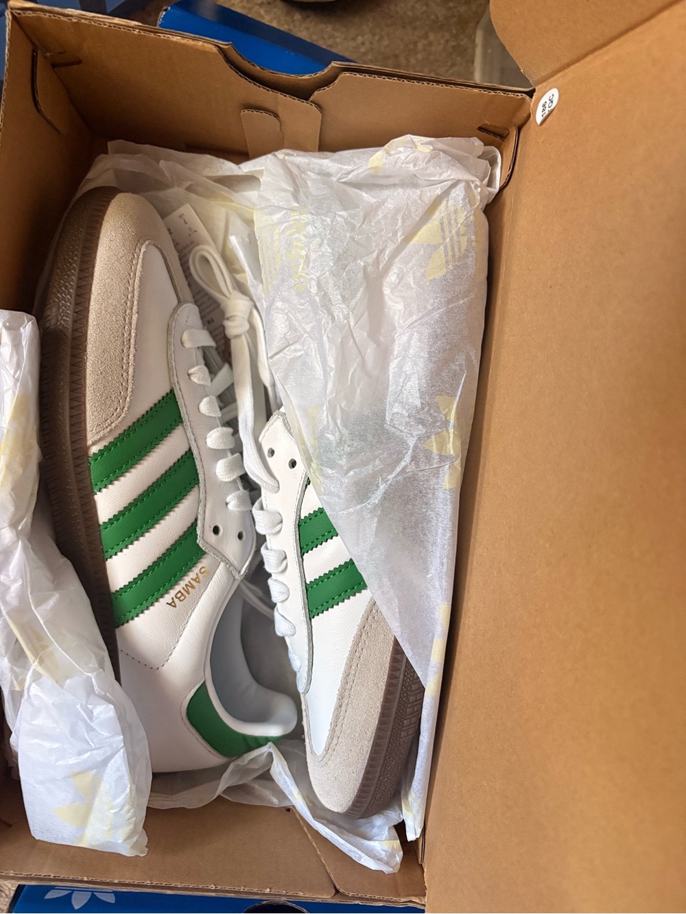 adidas White Sneakers with Green Stripes and Gum Sole